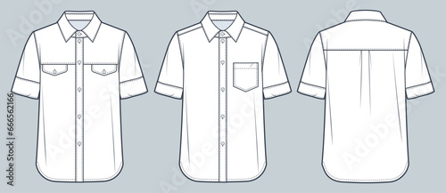  Classic Shirt technical fashion Illustration. Short sleeve Shirt fashion flat technical drawing template, button down, relaxed fit, front and back view, white, women, men, unisex CAD mockup set.