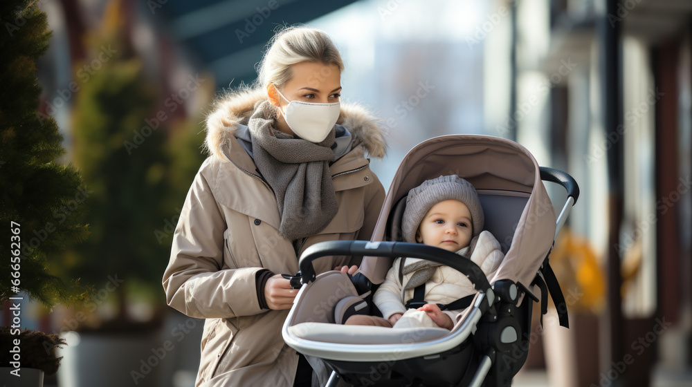 Young mother with baby in pram walking on street during virus outbreak.