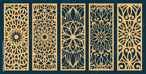 Big set of vertical panels, gratings. Abstract ornament, geometric, classic, oriental pattern, floral and plant motifs. Template for plotter laser cutting of paper, metal engraving, wood carving, cnc