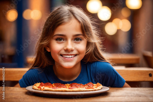 Girl eating pizza at cafe  unhealthy food  blue t-shirt. Generative Ai.