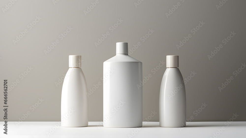 White empty cosmetic bottles mock up isolated in modern bathroom interior White empty cosmetic bottles mock up isolated in modern bathroom interior