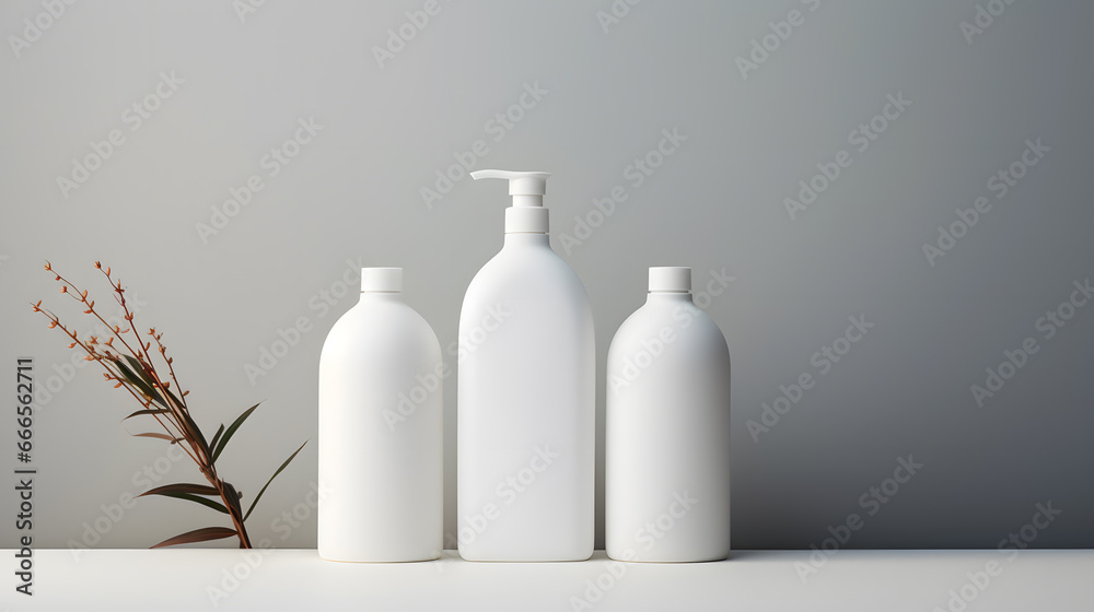 White empty cosmetic bottles mock up isolated in modern bathroom interior White empty cosmetic bottles mock up isolated in modern bathroom interior