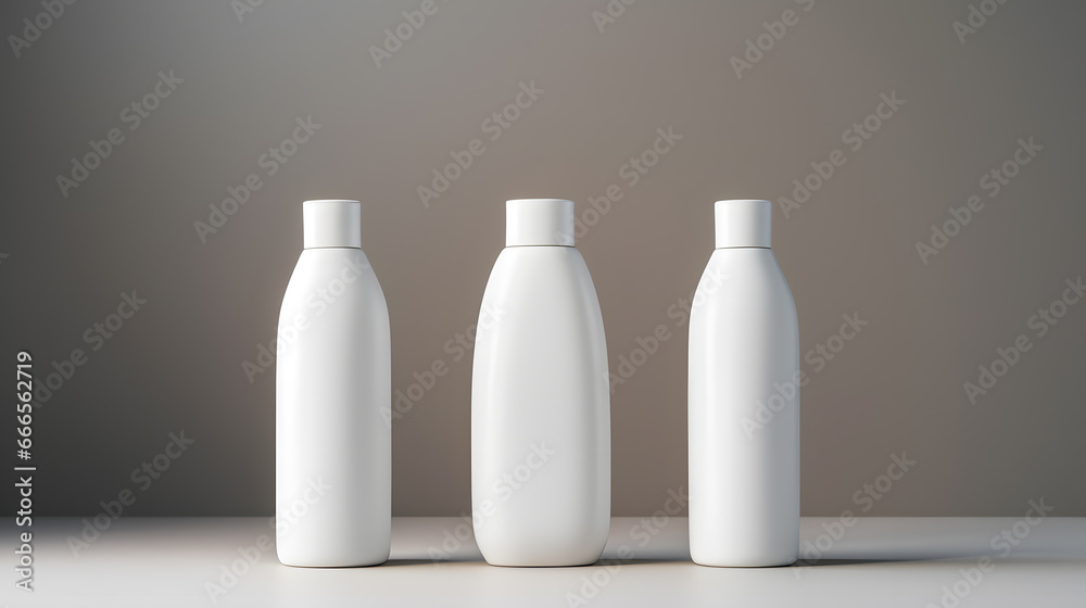 White empty cosmetic bottles mock up isolated in modern bathroom interior White empty cosmetic bottles mock up isolated in modern bathroom interior