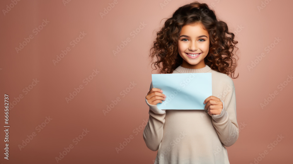 Smiling young girl holding blue paper sheet, isolated on beige. Smiling young girl holding blue paper sheet, isolated on beige.