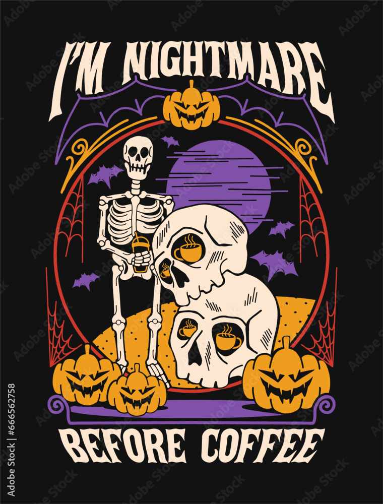trendy coffee t shirt design vector, coffee skeleton graphic t shirt, t-shirt design artwork, poster design art and illustration