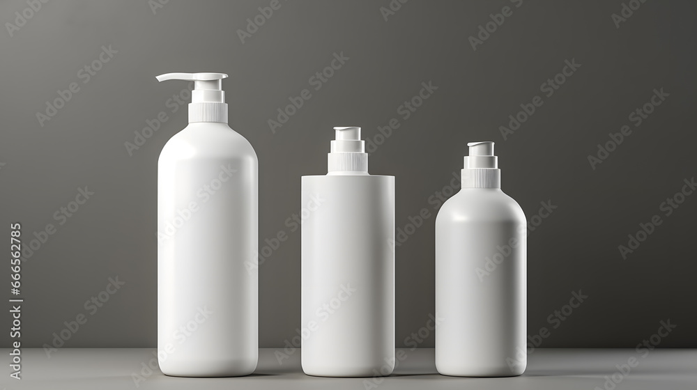 White empty cosmetic bottles mock up isolated in modern bathroom interior White empty cosmetic bottles mock up isolated in modern bathroom interior