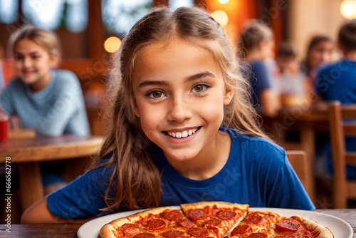 Girl eating pizza at cafe  unhealthy food  blue t-shirt. Generative Ai.
