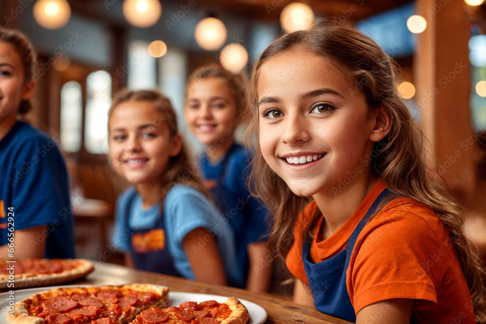 Girl eating pizza at cafe, unhealthy food, blue t-shirt. Generative Ai. Girl eating pizza at cafe, unhealthy food, blue t-shirt. Generative Ai.