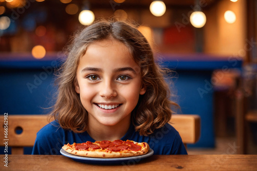Girl eating pizza at cafe  unhealthy food  blue t-shirt. Generative Ai.