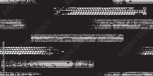 Tire track seamless pattern. Grange tread marks .Grunge textured vector car tread . Car trails endless pattern texture. Tyre track seamless texture. Wheel tire tread track background
