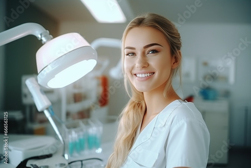 Young beautiful dentist at work in the office , she looking at camera with surgical lamp