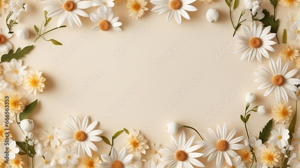  a white and yellow flower border with daisies on a beige background.  generative ai