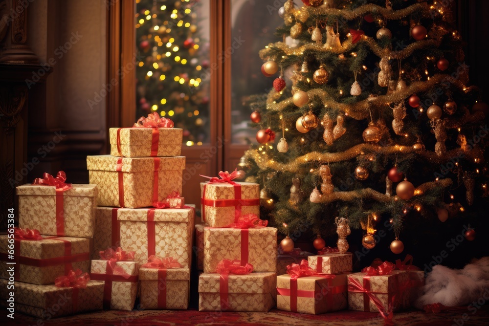 Festive wrapped gifts under a twinkling Christmas tree.
