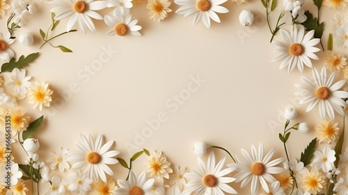  a white and yellow flower border with daisies on a beige background.  generative ai © Shanti