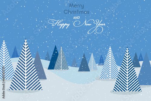 Winter landscape with fir trees and snow in flat style. Happy New Year and Christmas card. Vector design.