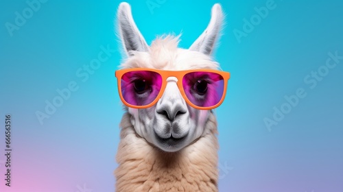 Creative animal concept. Llama in sunglass shade glasses isolated on solid pastel background, commercial, editorial advertisement, surreal surrealism 