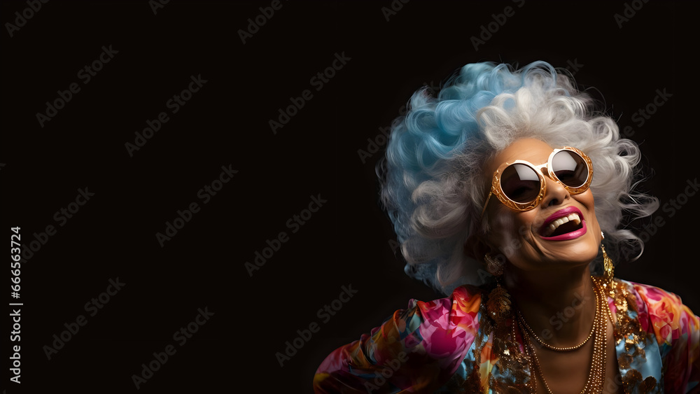portrait of a an old woman, Caucasian old Beautiful lady, Put on a flashy 70s disco outfit, complete with a glittering disco ball accessory, and strike a Saturday Night Fever dance pose, copyspace