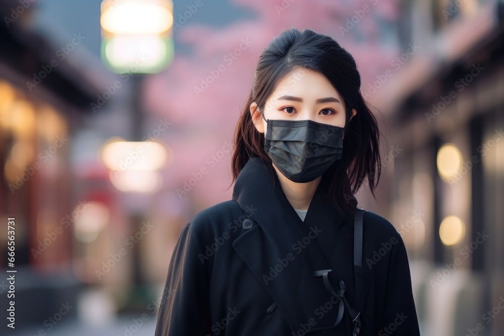 Japanese woman in urban setting wearing protective face mask. Japanese woman in urban setting wearing protective face mask.