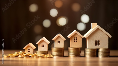 Evocative image displaying wooden house models atop ascending stacks of gold coins, symbolizing property investment, home value appreciation, and real estate growth against a bokeh backdrop. photo