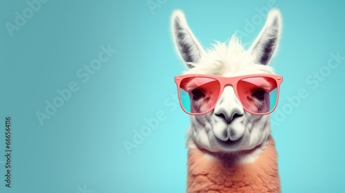 Creative animal concept. Llama in sunglass shade glasses isolated on solid pastel background, commercial, editorial advertisement, surreal surrealism  © Panyamethi
