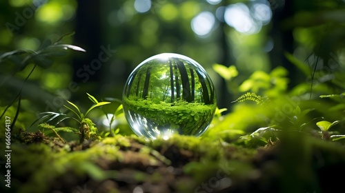 Captivating image capturing a pristine forest scene reflected within a crystal-clear sphere, emphasizing nature's beauty, surrounded by vibrant green foliage and serene woodland ambiance.