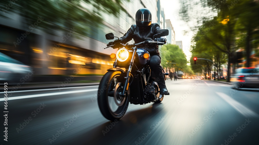 Custom motorbike biker rider on blurred city street