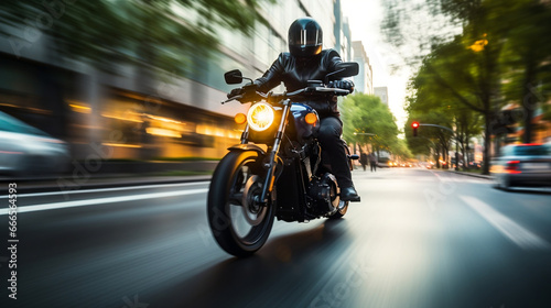 Custom motorbike biker rider on blurred city street © BeautyStock