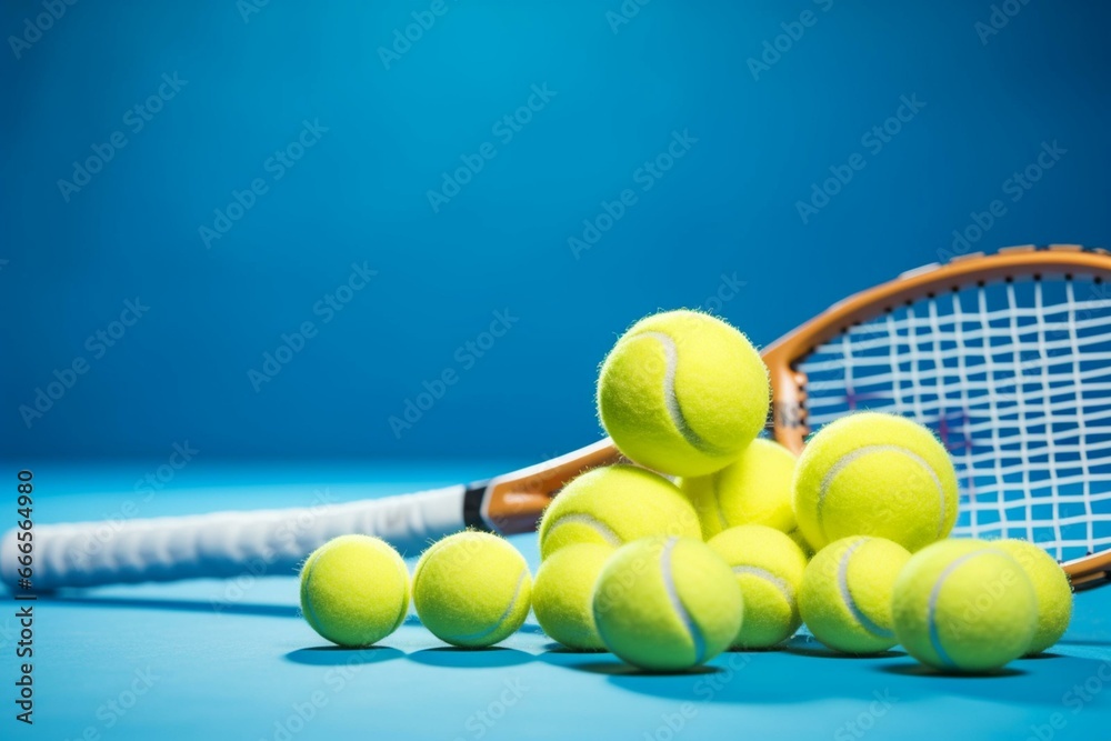 Sports collage with yellow tennis balls and racket on a blue tennis court background. Generative AI