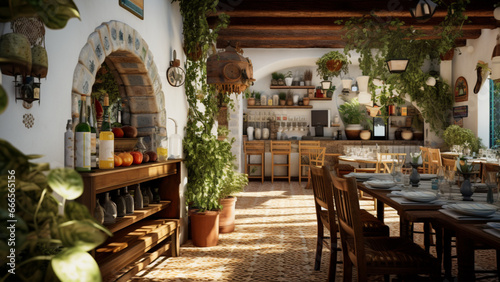 typical andalusian rural restaurant, elegant, luxury and with current aesthetic interior design. Show the tables and the bar. Include brass kitchen utensils, an olive tree and rattan. 