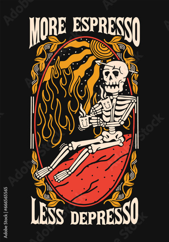 more espresso less depresso coffee skeleton graphic t shirt, vintage coffee t shirt design vector, t-shirt design artwork, art and illustration