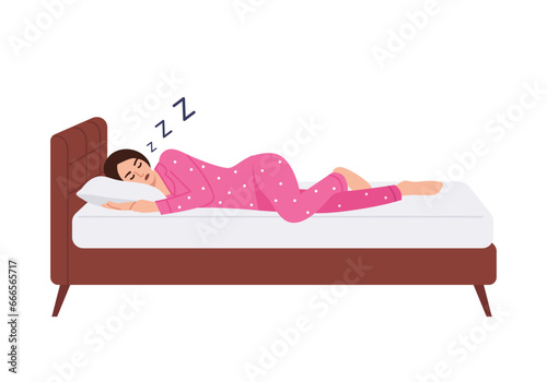 the girl sleeps sweetly on her bed and snores