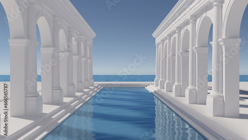 Antique architecture columns, outdoor blue water pool. Blue sky and sea. Minimalism vacation relaxation. 3d render