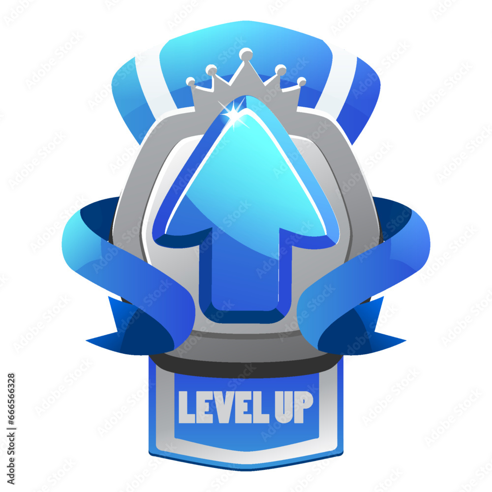 Game silver level up badge and win icon, shield banner of completed level, vector UI sign. Level up icon with a silver shield Game silver level up badge and win icon, shield banner of completed level, vector UI sign. Level up icon with a silver shield