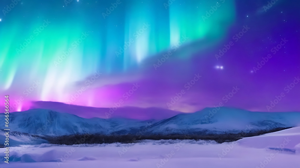 Panorama of the northern lights over snowcapped mountains Panorama of the northern lights over snowcapped mountains