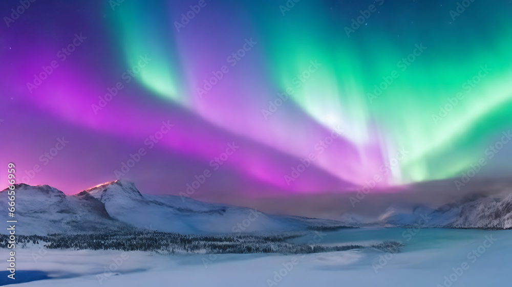 Fototapeta premium Panorama of the northern lights over snowcapped mountains