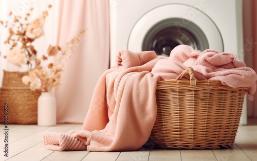 Cozy Laundry Room with Wicker Basket and Vintage Washing Machine