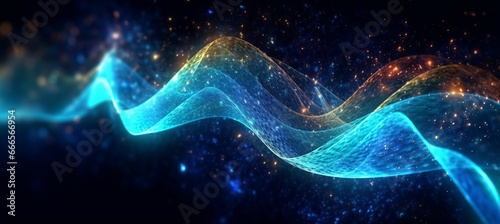 Wave of glowing abstract particles. Technology digital virtual space concept. Generative AI technology.