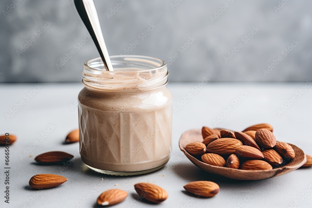 Almond cream in the jar with almond nuts. Ai Generative Almond cream in the jar with almond nuts. Ai Generative