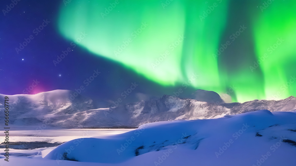 Panorama of the northern lights over snowcapped mountains