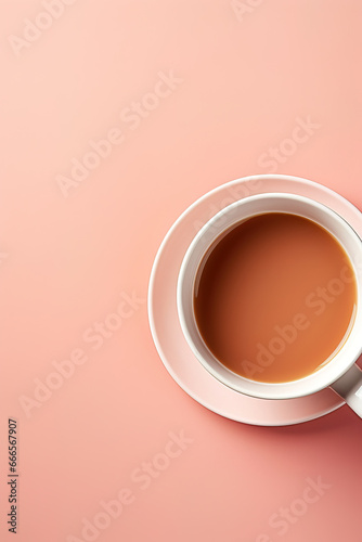 minimalist pink background with a Tea cup, cappuccino, coffee , top view with empty copy space