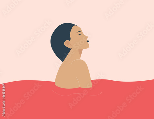 Depressed woman feels anxiety and stress wades in the waving water. Sad girl stands or baths in choppy water to get rid of negative thoughts and depression. Concept of mental health disorders.