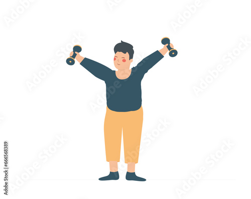 School boy doing some exercises with sports tools to become strong. Child raised up dumbbells in the gym or at home. Childhood physical activity and healthy lifestyle concept. Vector illustration.