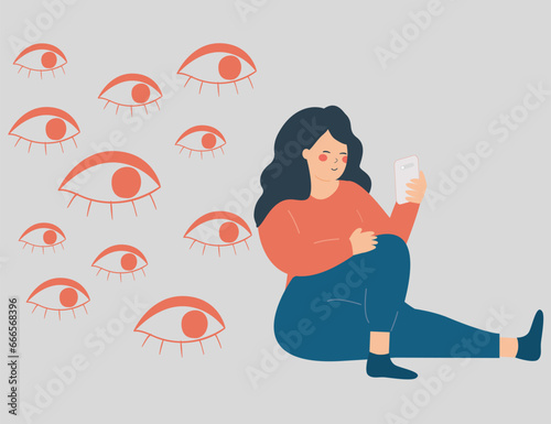 Woman being watched online by people. Spywares softwares on mobiles. Spy apps through smartphones. Big eyes peek at a screen phone of a girl. Spying on private life on internet by cyber criminals.