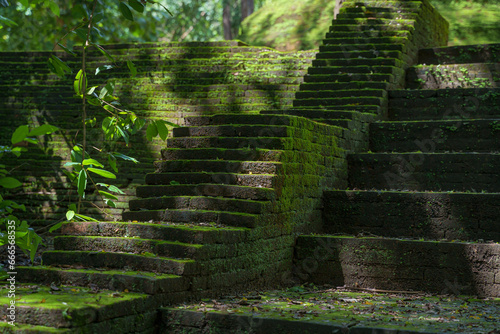 Beautiful Background Textured green natural moss covered the old part ancient Abandoned Temple of Wat Phra That Theru Chan of Buddhist people has been more than 500 years in Chiang Mai Thailand. photo