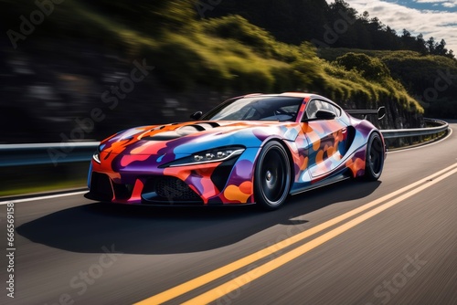 A sports car with a fractal paint job racing on a road.