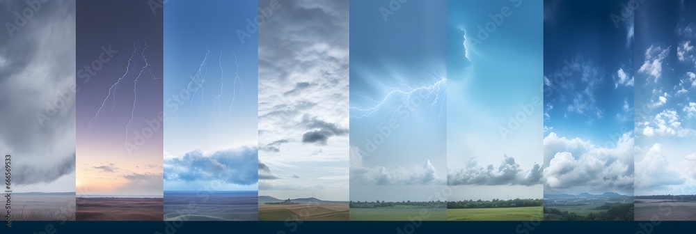 Photos of sky during different weather collage - obrazy, fototapety, plakaty 
