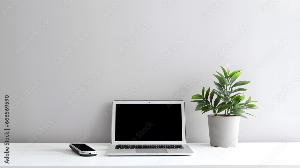 Laptop computer with blank screen on desk in modern home or office interior mock up Laptop computer with blank screen on desk in modern home or office interior mock up