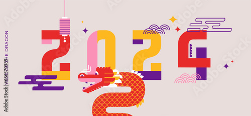 Lunar new year vertical background, banner, social media story template. Chinese New Year 2024 , Year of the Dragon. Geometric modern vector style