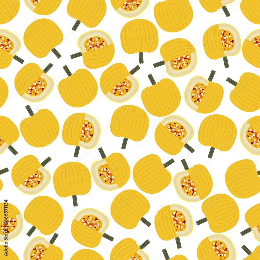 Seamless pattern with Mellow Yellow Pumpkin. Winter squash. Cucurbita pepo. Fruit and vegetables. Flat style. Isolated vector illustration. Seamless pattern with Mellow Yellow Pumpkin. Winter squash. Cucurbita pepo. Fruit and vegetables. Flat style. Isolated vector illustration.
