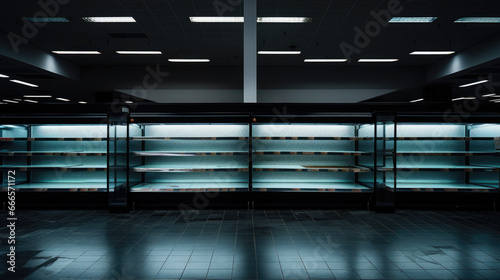 An empty grocery store shelf in a supermarket. The concept of sales, scarcity, supply chain issues, stock shortages, panic buying, or a need for restocking.